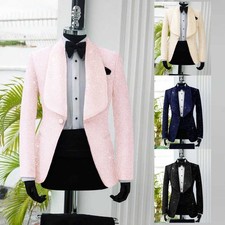 Shiny Luxury Men Suits Slim Fit Beaded Shawl Lapel Tuxedos Formal Dinner Groom