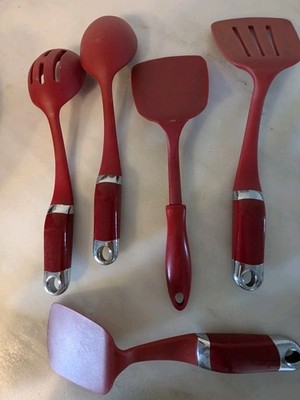 4 Pc KitchenAid Silicone Utensils Red Spatulas Spoons +Free Chipped Spatula
