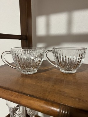 Clear Glass Ribbed Mugs Set of 2 With Handle Glossy Round Two-Piece vintage