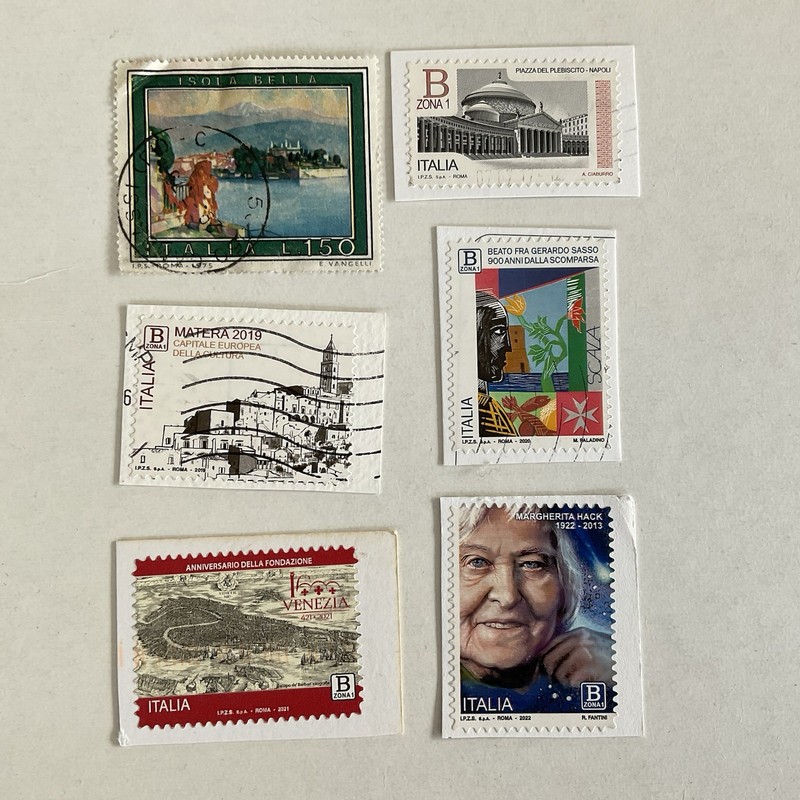 6 Italy stamps~1975-2022~B Zona 1~Sasso~Venice~Hack~Matera 2019~Napoli Piazza