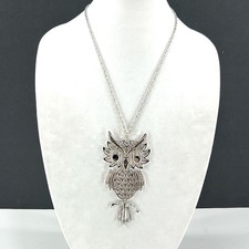 Owl Pendant Necklace Articulated  Silver Tone Large Vintage Statement Jewelry