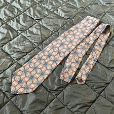 HALSTON III Vintage Silk Tie Beige/Blue Geometric Mens Classic Made in USA