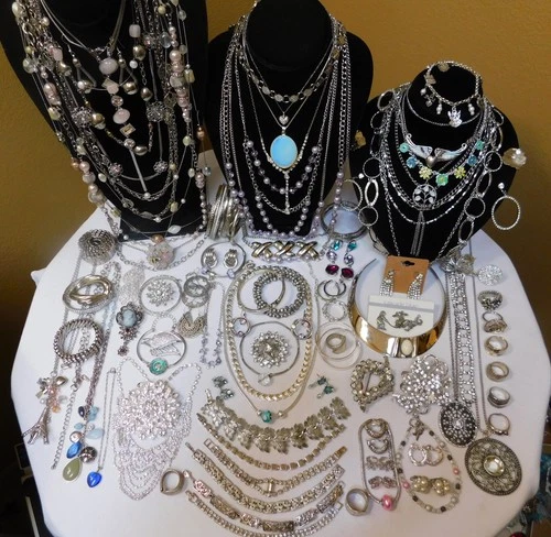 Large Lot Vintage & Mod Silver Tone Costume Jewelry 90 Pc All Wearable Some Sign