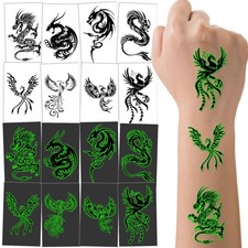 16 Sheets Luminous Dragon Phoenix Temporary Tattoos Glow in The Dark Dragon Birt