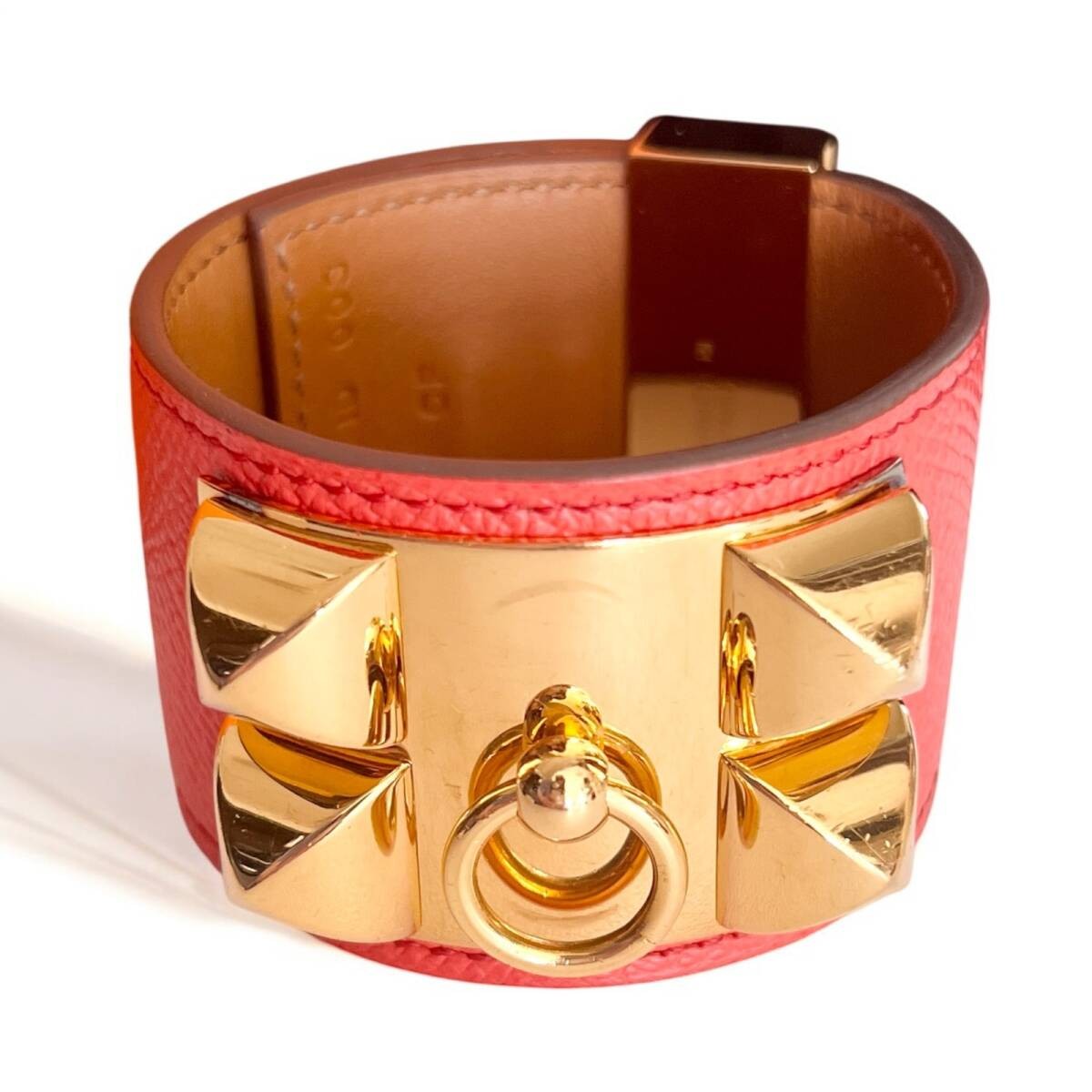 HERMES Collier de Chien Medor Leather Bangle Bracelet Coral Red Gold HW