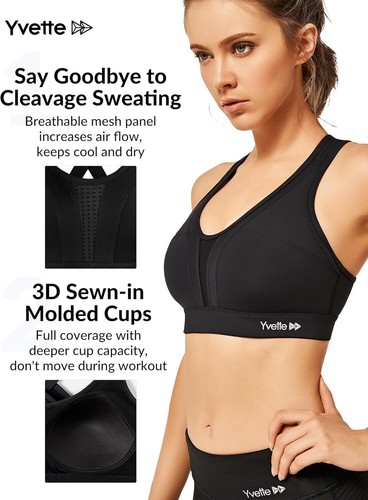 Yvette Women High Impact Sports Bras Criss Cross Back Sexy Large Plus, Black - Picture 2 of 9