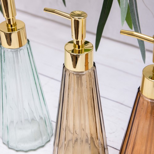 Seifenflasche Lotionspender Glas gerippt bernstein grün braun nachfüllbar gold Pumpe - Bild 3 von 6