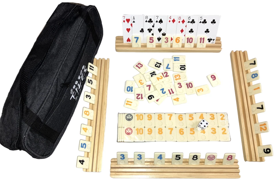 Juego de juegos de azulejos Rummy 4 estantes de madera en bolsa de mezclilla resina 106 azulejos Rummi 2 bolsas Foto 3 de 4