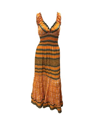 Recyceltes Maxikleid V-Ausschnitt Retro Rüschensaum freie Größe bis 18 P100