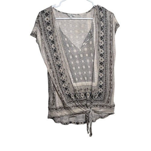 Lucky Brand T-Shirt Women's Large Short Sleeve Knotted V-Neck Boho Top