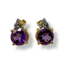 14k Gold Amethyst and Diamond Stud Statement Earrings