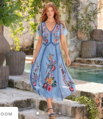 NWT Sundance Catalog Garden Soiree Blue Mist XS Maxi Dress Embroidered  Floral | eBay