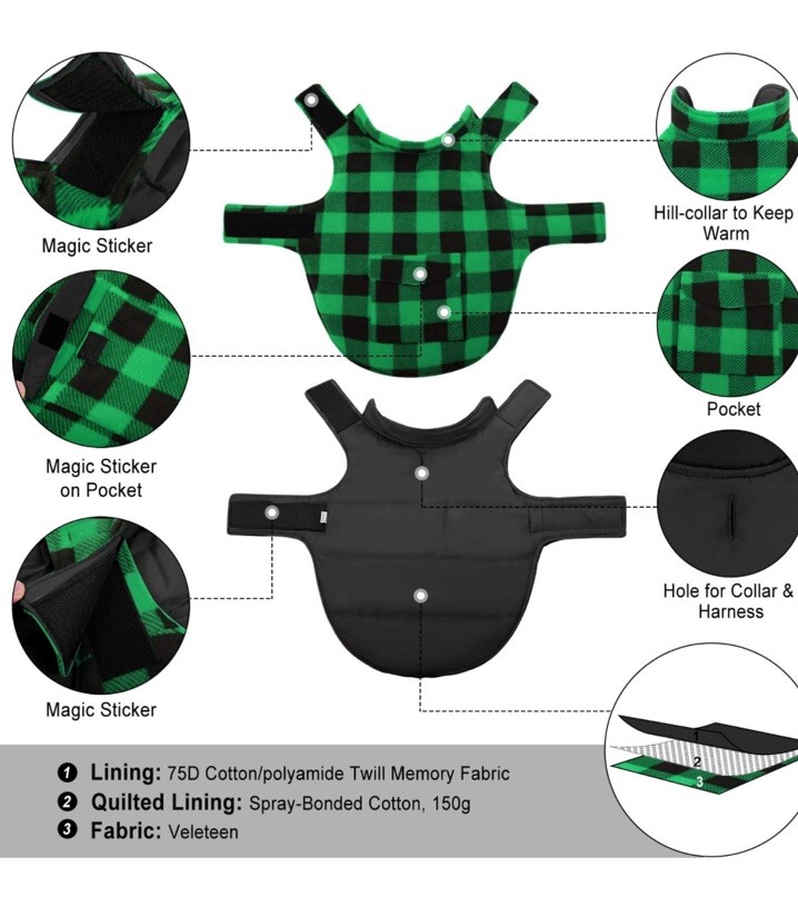 ASENKU Fleece Reversible Plaid Dog Jacket Coat Green Black XXL 2XL OPEN