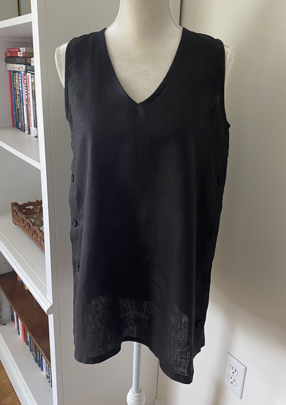 Camiseta túnica EVA TRALA para mujer negra 100 % lino LAGENLOOK botones sin mangas Francia OS