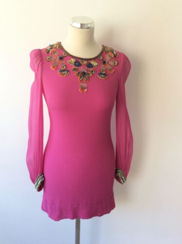 FRENCH CONNECTION SILK PINK BEADED SCOOP NECK LONG SLEEVE MINI DRESS SIZE 6 - 第 1/4 張圖片