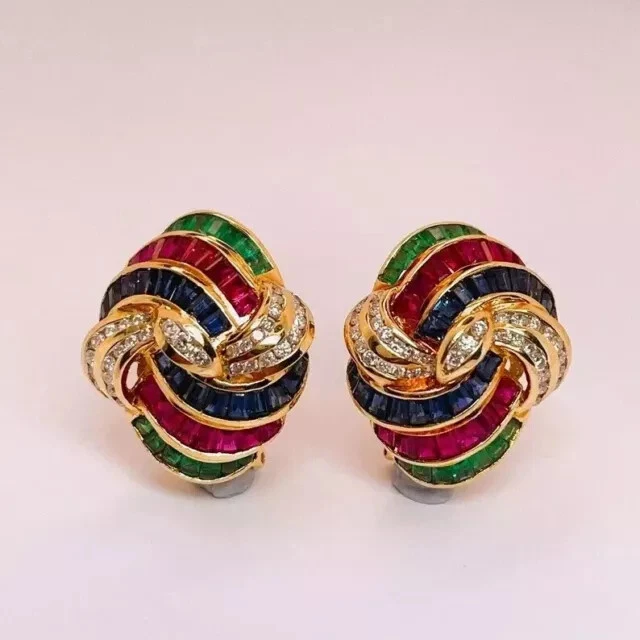 3Ct Princess Lab Created Ruby Emerald Sapphire Earrings 14K Yellow Gold Plated - Image 4 of 4