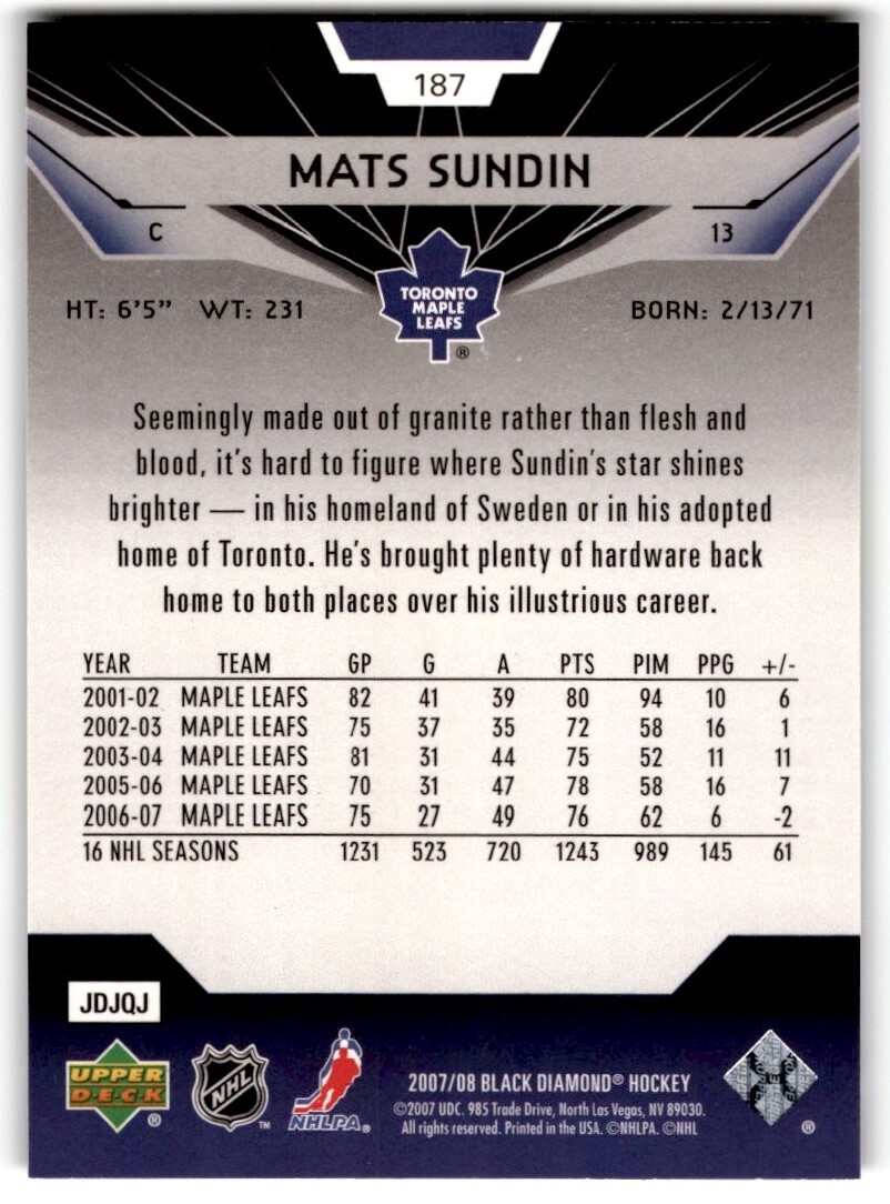マシュー・ロビン Mats Sundin 2007-08 UD Black Diamond Quad #187 Toronto Maple Leafs