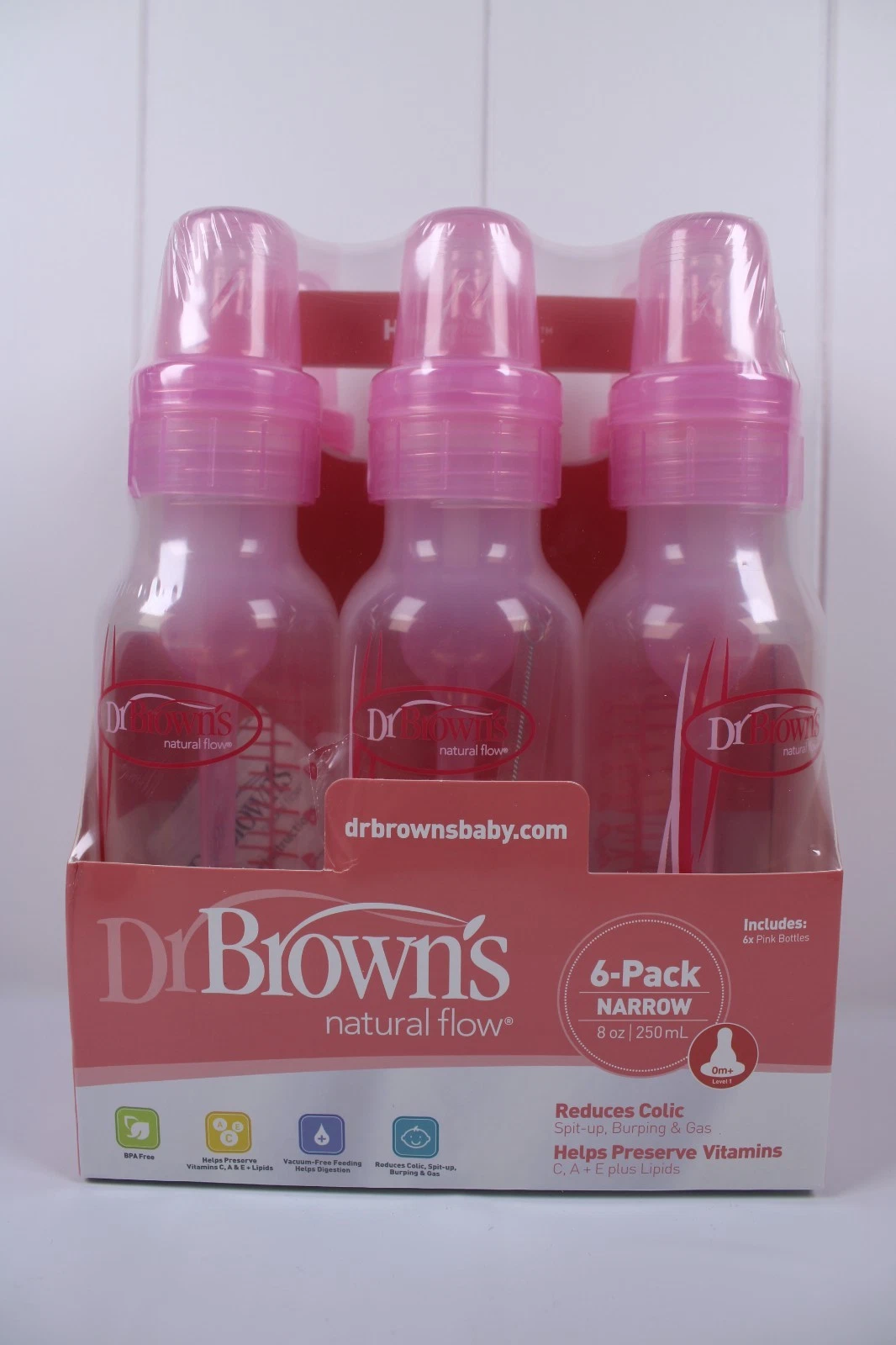 Dr Brown's Natural Flow 6-Pack Narrow - 8oz, Pink