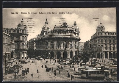 Postcard Genova, Piazza De Ferrari, Palazzo della Borsa, Credito Italiano, Strassba 