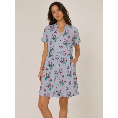 Anthropologie Maeve Striped Button-Front Floral Shirt Dress - Blue & Pink