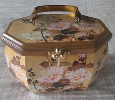 Vintage Octagon Wood Box Purse Lucite Handle Floral Pattern 6x9x6.75" Decoupage