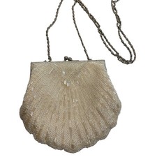 Vintage Beaded Shell Clutch Bag White Iridescent Evening Purse Wedding