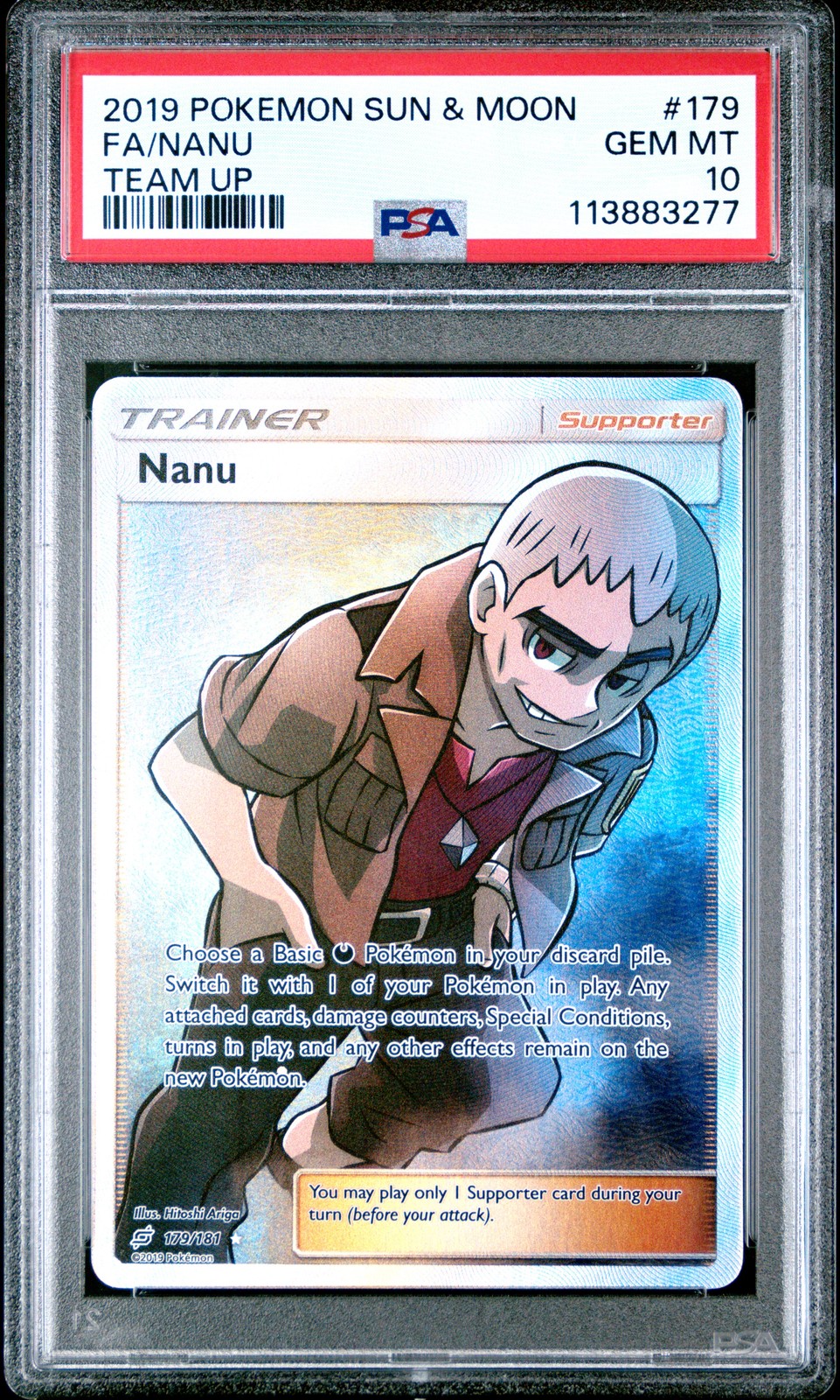 2019 POKEMON SUN & MOON TEAM UP #179 FULL ART/NANU PSA 10
