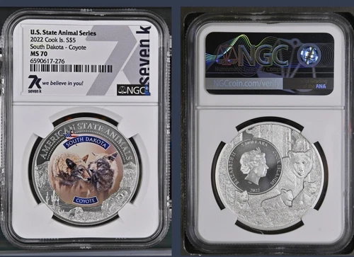 .999 Silver 2022 $5 Cook Islands ~ State Animals ~ South Dakota Coyote ~NGC MS70