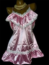 Glossy 2nd Skin Satin Babydoll Ruffle Nightdress Nightgown Panties Set L NEW