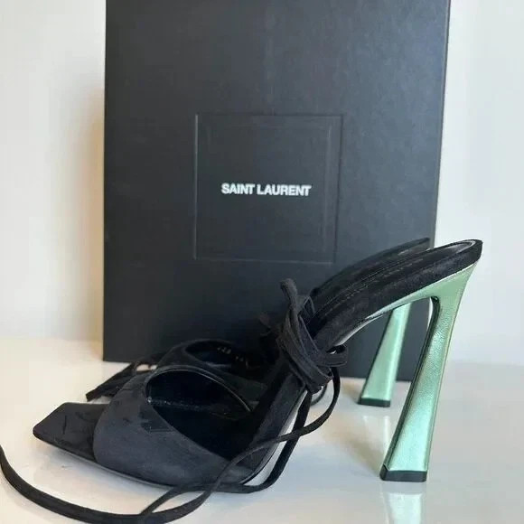 Sandali Saint Laurent Paz scamosciati metallizzati tacco misura 38 5 NUOVI vendita al dettaglio $1.050