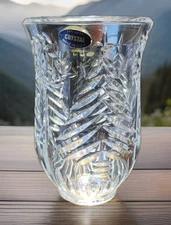 7 In. Mikasa Crystal Hurricane Shade/Candle Holder. X mas Tree Etched.