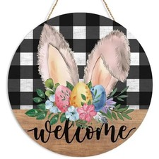 Easter Door Sign Wooden Cute Grid Welcome Spring Holiday Wall Hanging Art 11