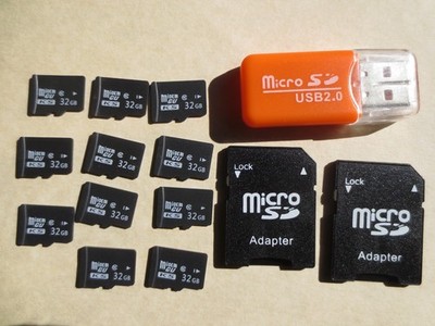 Lot of 11 unused Micro 32GB class 10 MICRO SD Card's and  (3) Micro SD adapters