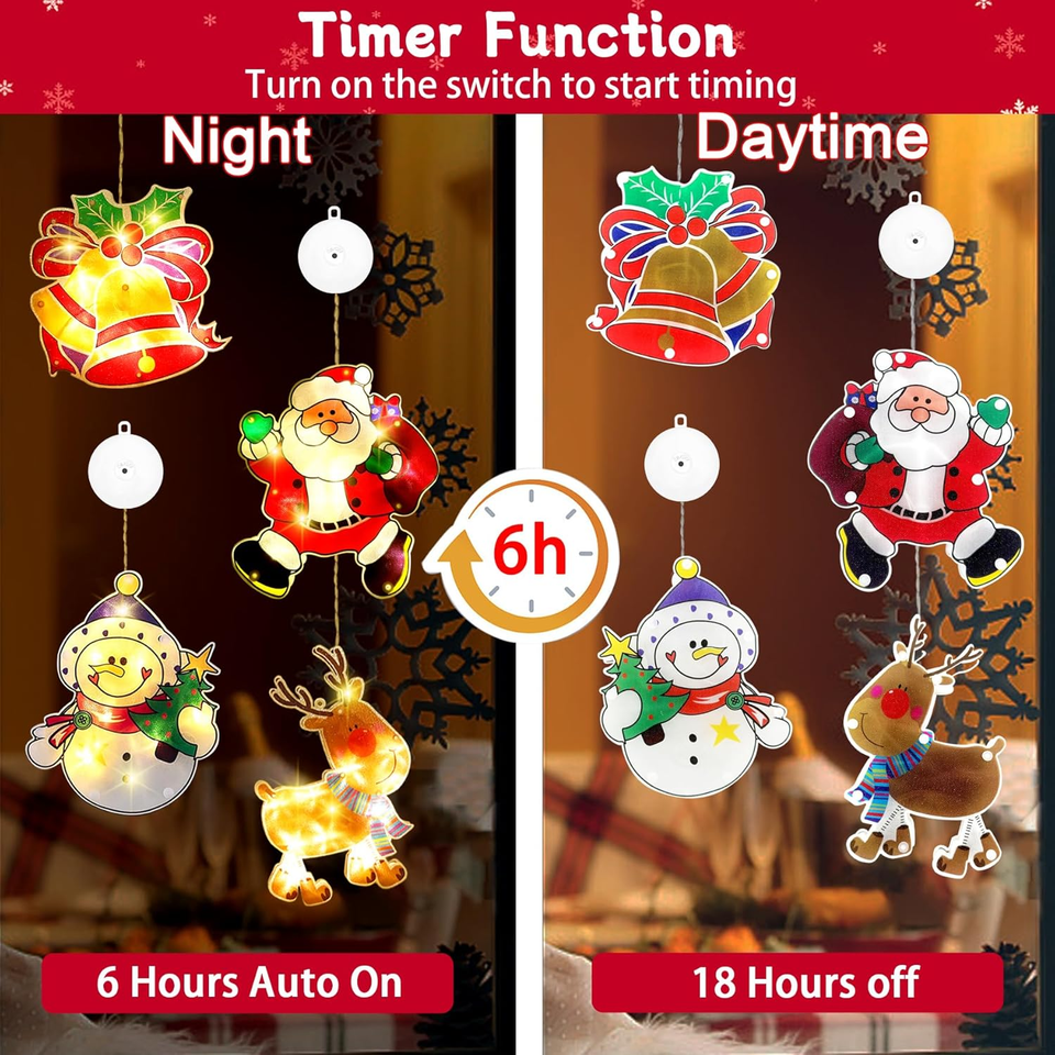 VEEKAY 4 Pezzi Lampada a Ventosa Per Natale,Luci per finestra a ventosa,12 fiocchi di neve LED Elementi Natalizi,Biancofreddo,Timer,Batteria,per la decorazione di Natale