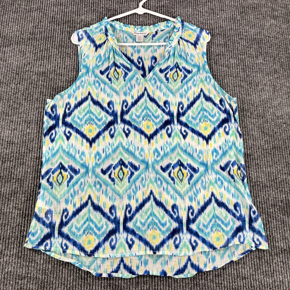 Tommy Bahama Майка женщин большой синий зеленый Ikat рубашка без рукавов Summer Beach - Изображение 3 из 4