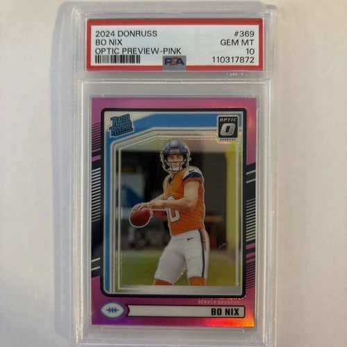 2024 Panini Rated Rookie Bo Nix #369 Optic Preview Pink Prizm (RC) PSA 10 GEM MT