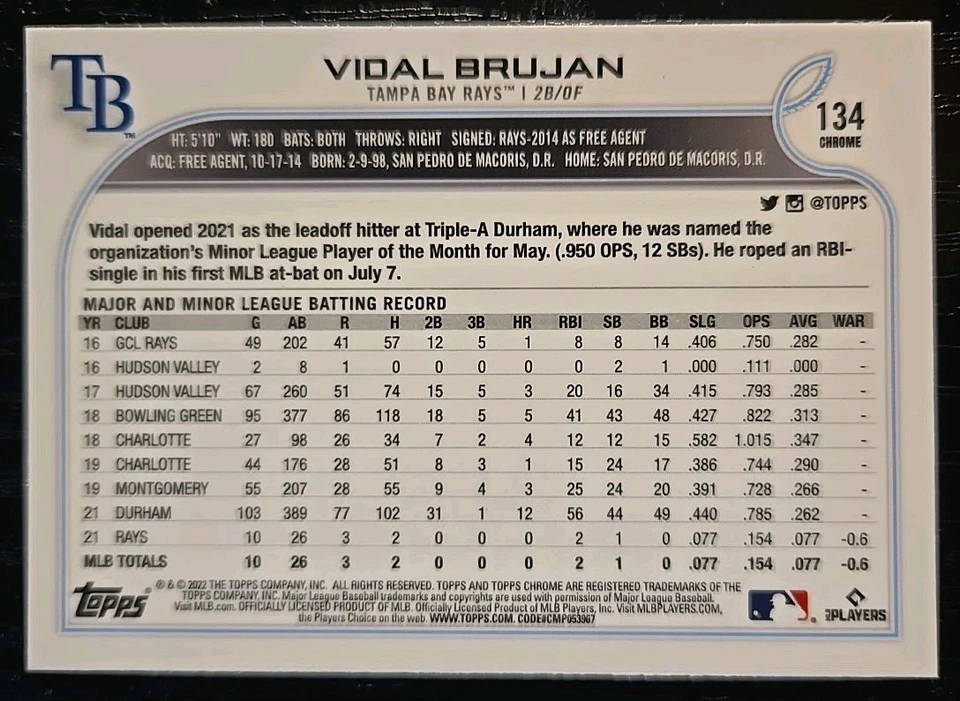 Vidal Brujan 2022 Topps Chrome Sepia Refractor #134 RC Rays Rookie - Image 2 of 2