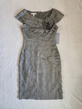 London Times Tier Cap Shimmery Steel Silver Metallic Cocktail Sheath Dress Sz 4