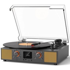 Bluetooth Vinyl Record Player with Built-in Speakers, 3-Speed Belt-Driven Tur...