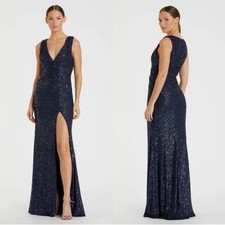 Ieena Mac Duggal 26598 Sequin Sleeveless Slit Formal Gown Dress Sz 16 Navy Blue