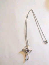 SUN BR Cross Necklace With Purple And Clear Rhinestones On SUN BR 18 Inch Chain