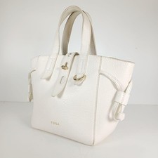 FURLA Furla Net Grain Leather Mini Tote Handbag White Good Condition Authentic