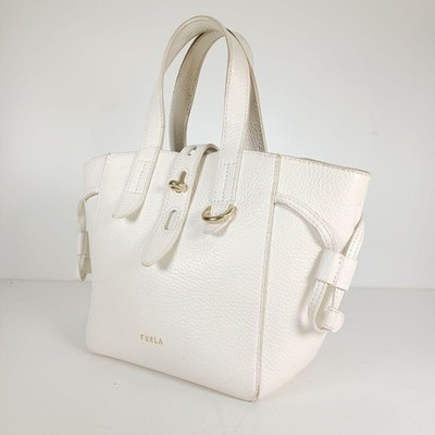 【美品】FURLA ネット ミニトートバッグ　白 FURLA Furla Net Grain Leather Mini Tote Handbag White Good