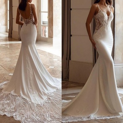 Spaghetti Straps Wedding Dresses Lace Applique Pearls Mermaid Zipper Bridal Gown