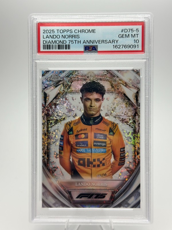 LANDO NORRIS 2025 TOPPS CHROME F1 DIAMOND 75TH ANNIVERSARY PSA 10 GEM MINT