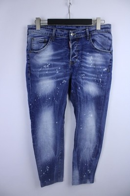 Dsquared2 Icon Blue Splatter Faded Distressed Patch Button Fly Jeans Size 52