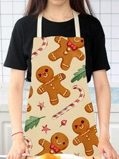 Gingerbread Man Christmas Linen Apron Trees Print Kitchen Cooking Bib