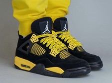 AJ4 Thunder Lightning Speckle Flat Laces Black Yellow Cement Print Shoelaces