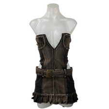 NEW Outcast Wynn Brown Metallic Strapless Bandeau Cutout Mini Denim Dress Sz XS