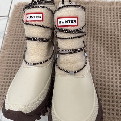 Hunter Womens Wanderer Short Sherpa Snow Boots White Willow Brown